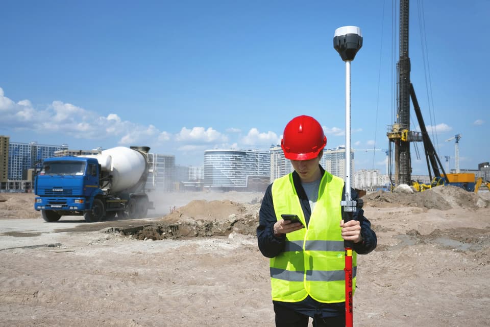 A contractor reviewing plans on a tablet at a job site